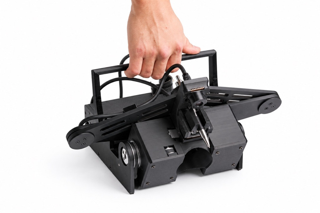 A hand holding folded CorkBot by its carry handle